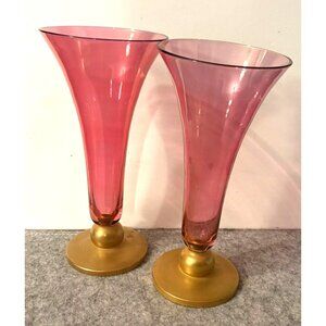 2 Vintage Cranberry Glass Lily Fluted Flared Vase w/ Gold Glass Base # 3342